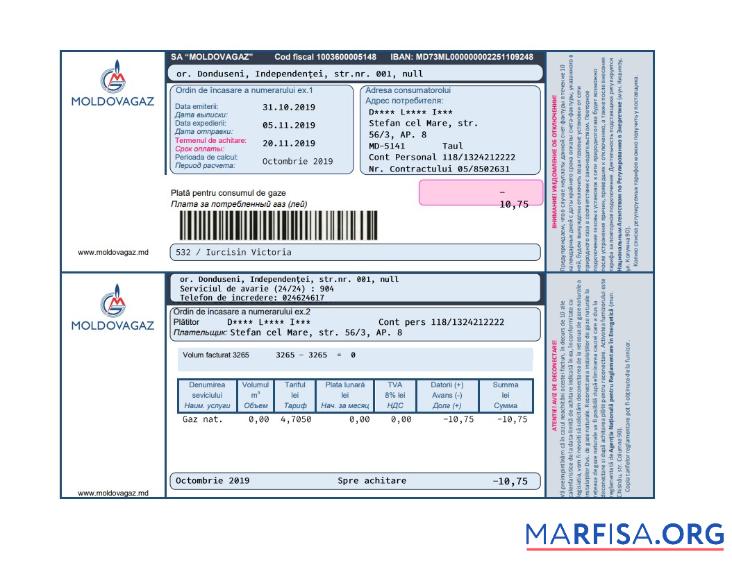 Downloadable Moldova Moldovagaz utility bill template in Word and PDF format